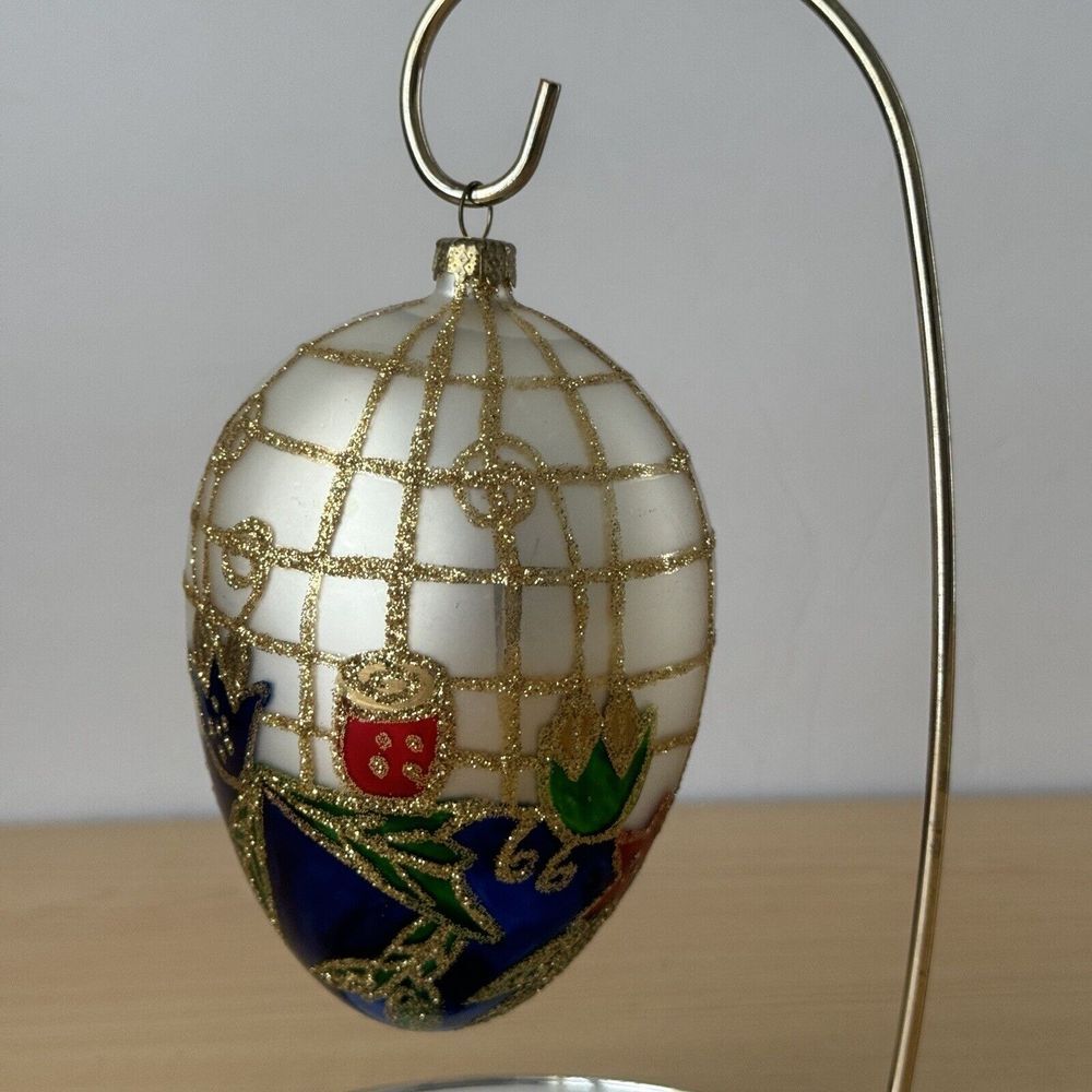 Vtg Glass Hand Painted Egg Shaped Christmas Ornament Blue Gold Glitter Floral